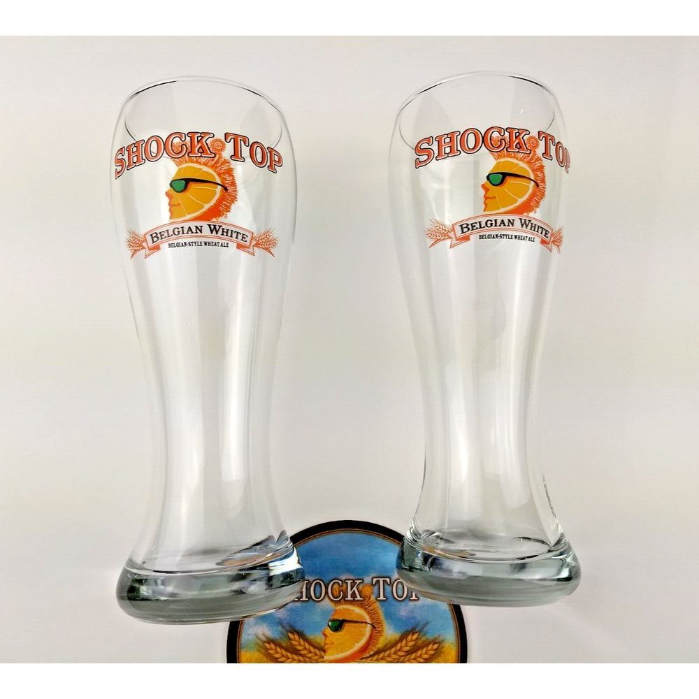2 - SHOCK TOP BELGIAN WHITE Beer Pilsner Glasses & Vintage Beer Coaster‎